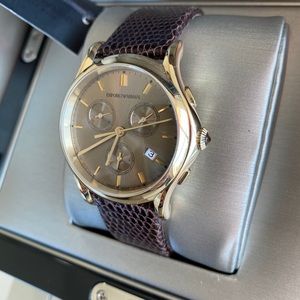 Emporio Armani Gold/Brown Lizard Leather Band Watch